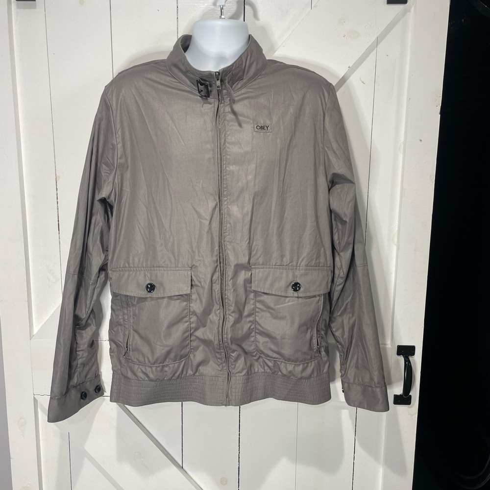 Obey Gray Lightweight Shirt Jacket with Stand-Up Collar